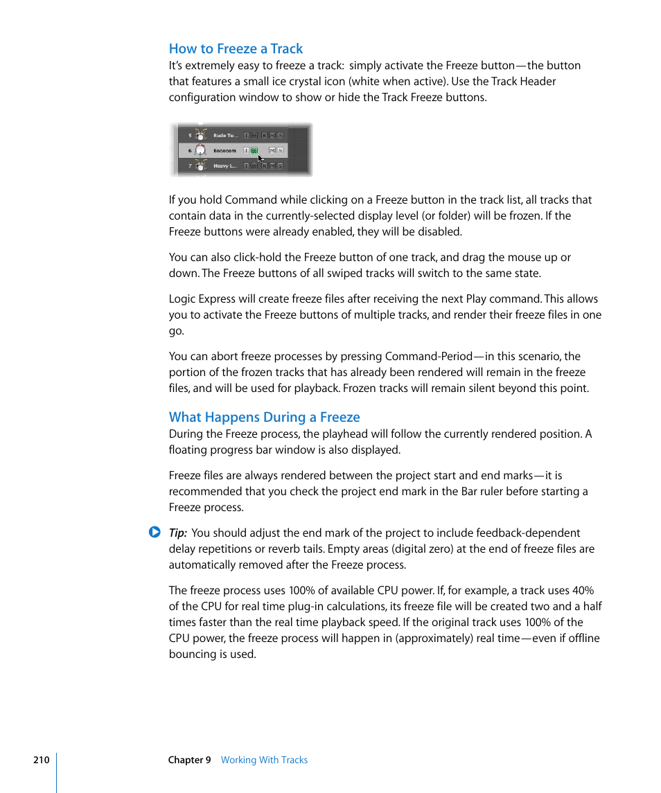 How to freeze a track, What happens during a freeze | Apple Logic Express 8 User Manual | Page 210 / 1055