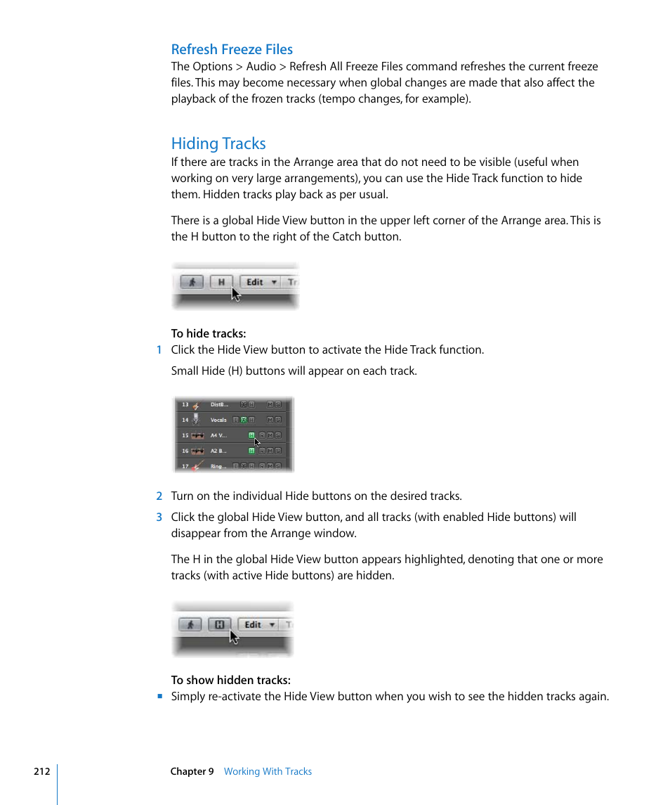 Refresh freeze files, Hiding tracks | Apple Logic Express 8 User Manual | Page 212 / 1055