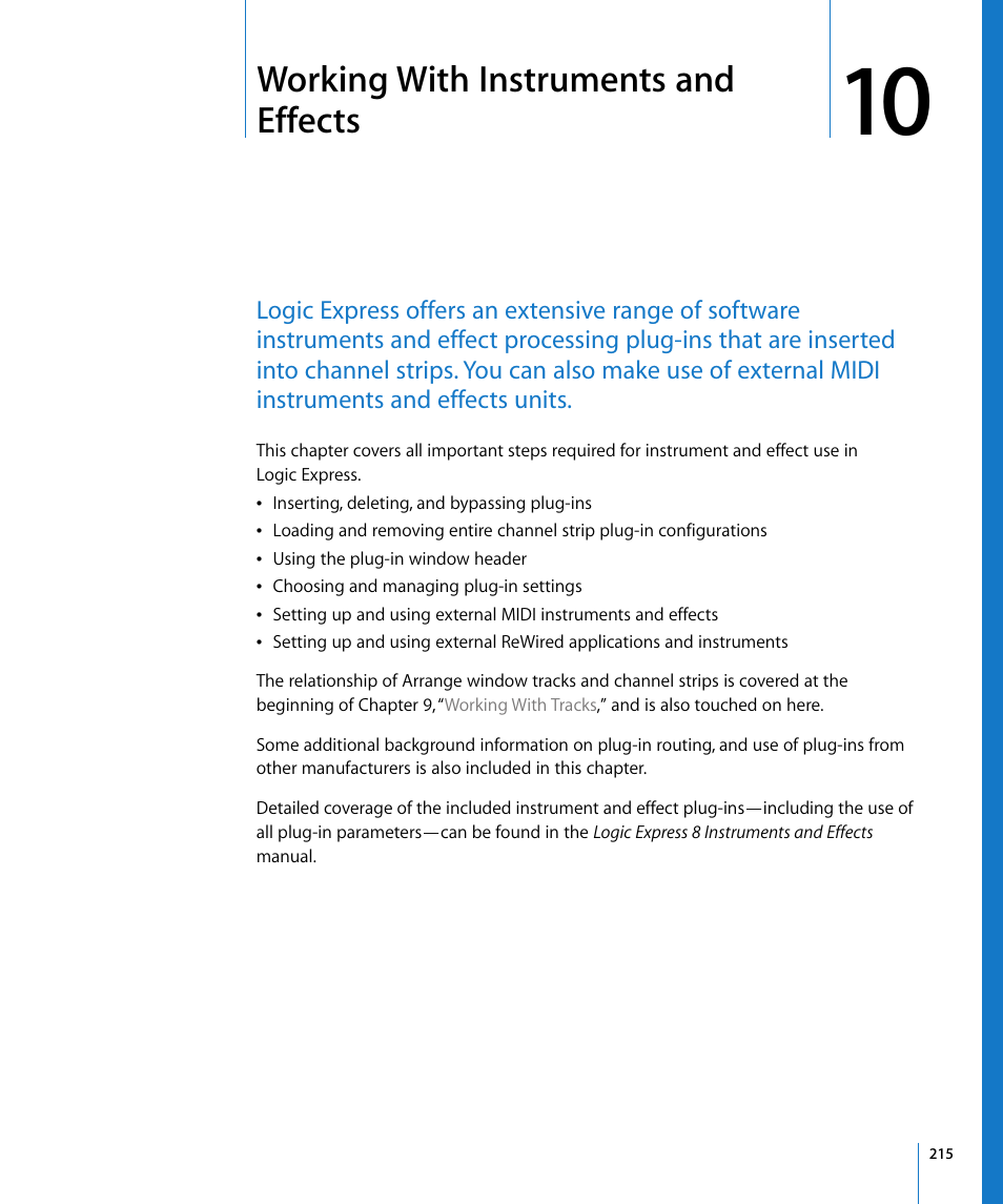 Working with instruments and effects, Chapter 10, Ound in chapter 10 | Working with instruments, And effects | Apple Logic Express 8 User Manual | Page 215 / 1055