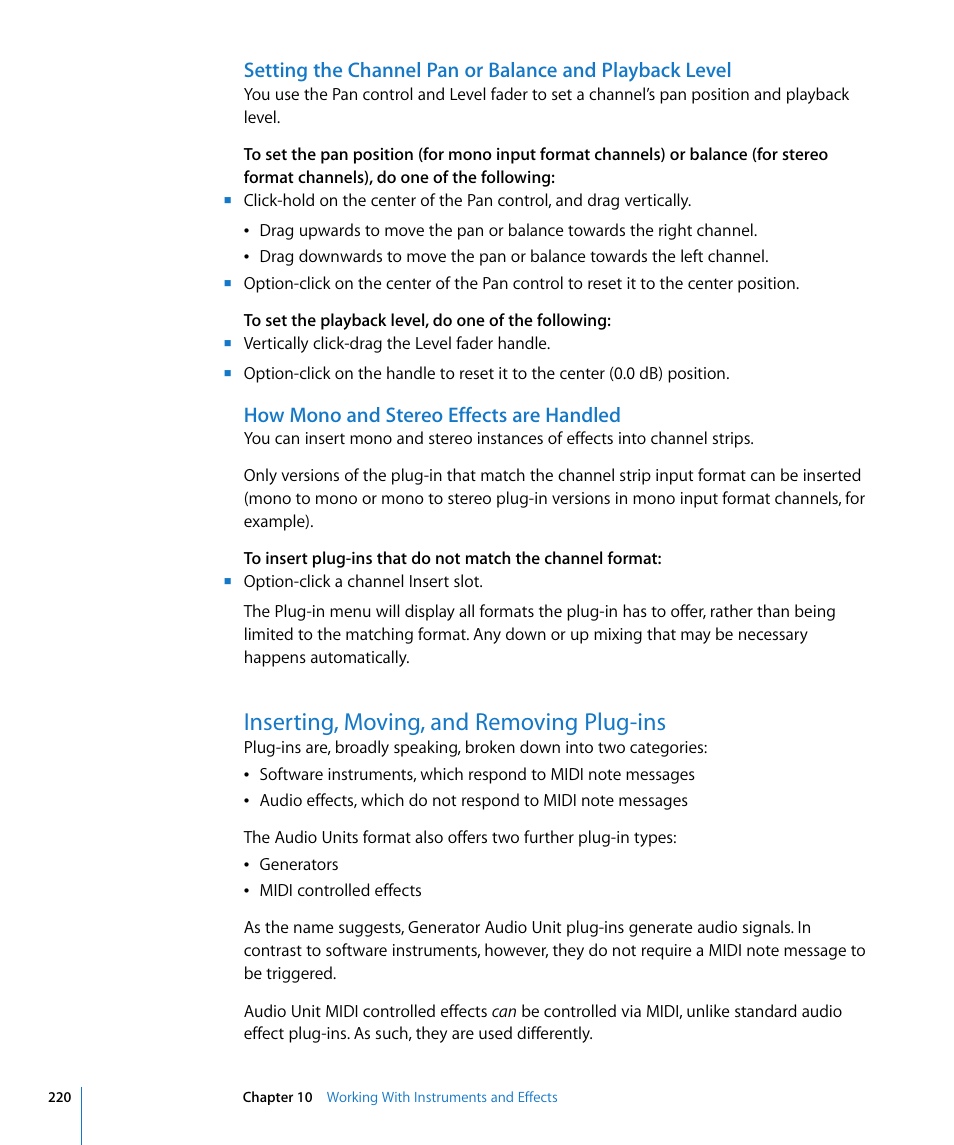 How mono and stereo effects are handled, Inserting, moving, and removing plug-ins | Apple Logic Express 8 User Manual | Page 220 / 1055