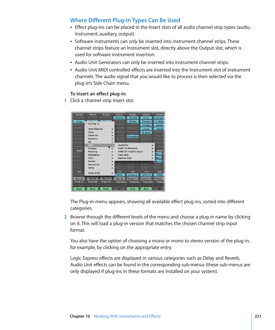 Where different plug-in types can be used | Apple Logic Express 8 User Manual | Page 221 / 1055