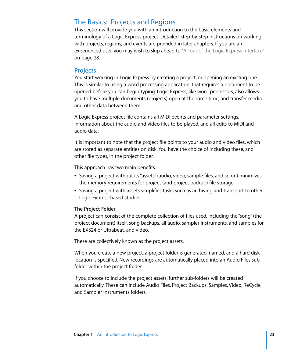 The basics: projects and regions, Projects | Apple Logic Express 8 User Manual | Page 23 / 1055