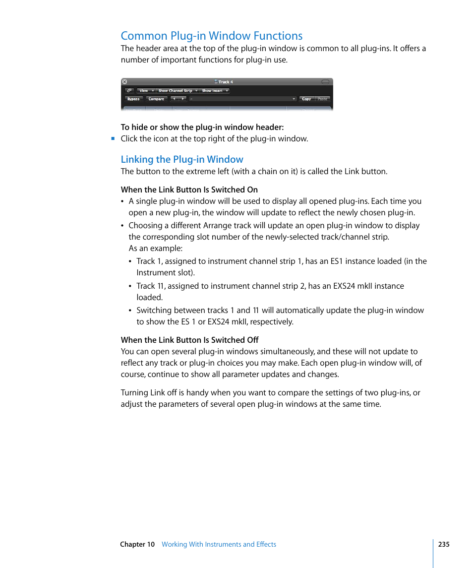 Common plug-in window functions, Linking the plug-in window | Apple Logic Express 8 User Manual | Page 235 / 1055