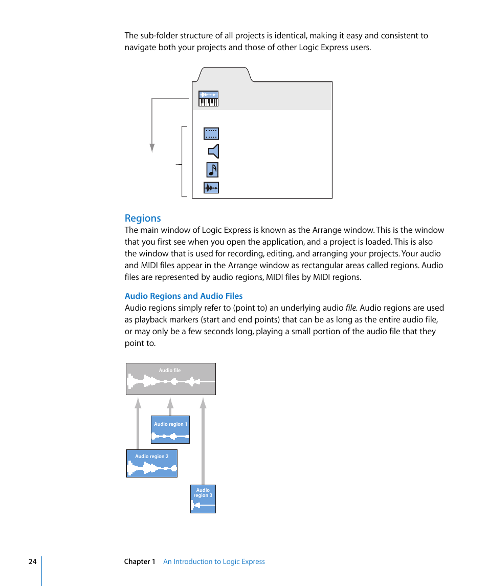 Regions, Project file (“song”) | Apple Logic Express 8 User Manual | Page 24 / 1055