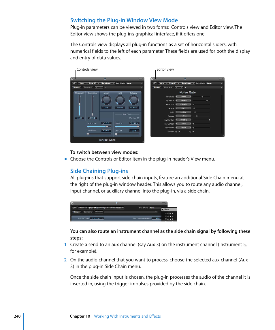 Switching the plug-in window view mode, Side chaining plug-ins | Apple Logic Express 8 User Manual | Page 240 / 1055