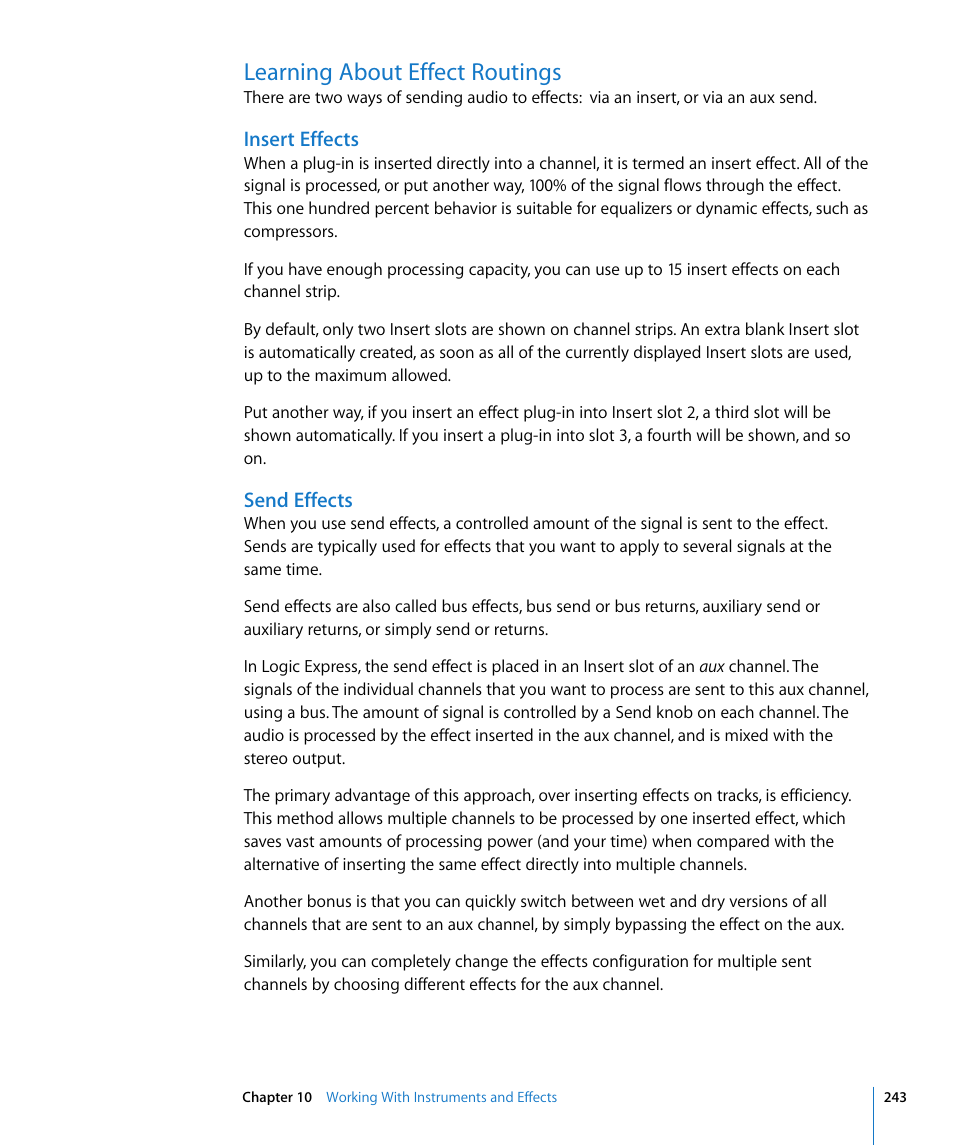 Learning about effect routings, Insert effects, Send effects | Apple Logic Express 8 User Manual | Page 243 / 1055