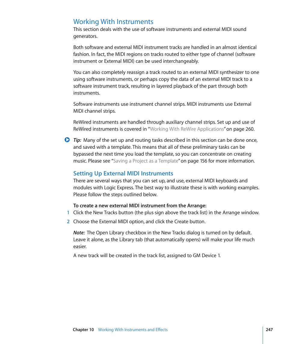 Working with instruments, Setting up external midi instruments | Apple Logic Express 8 User Manual | Page 247 / 1055