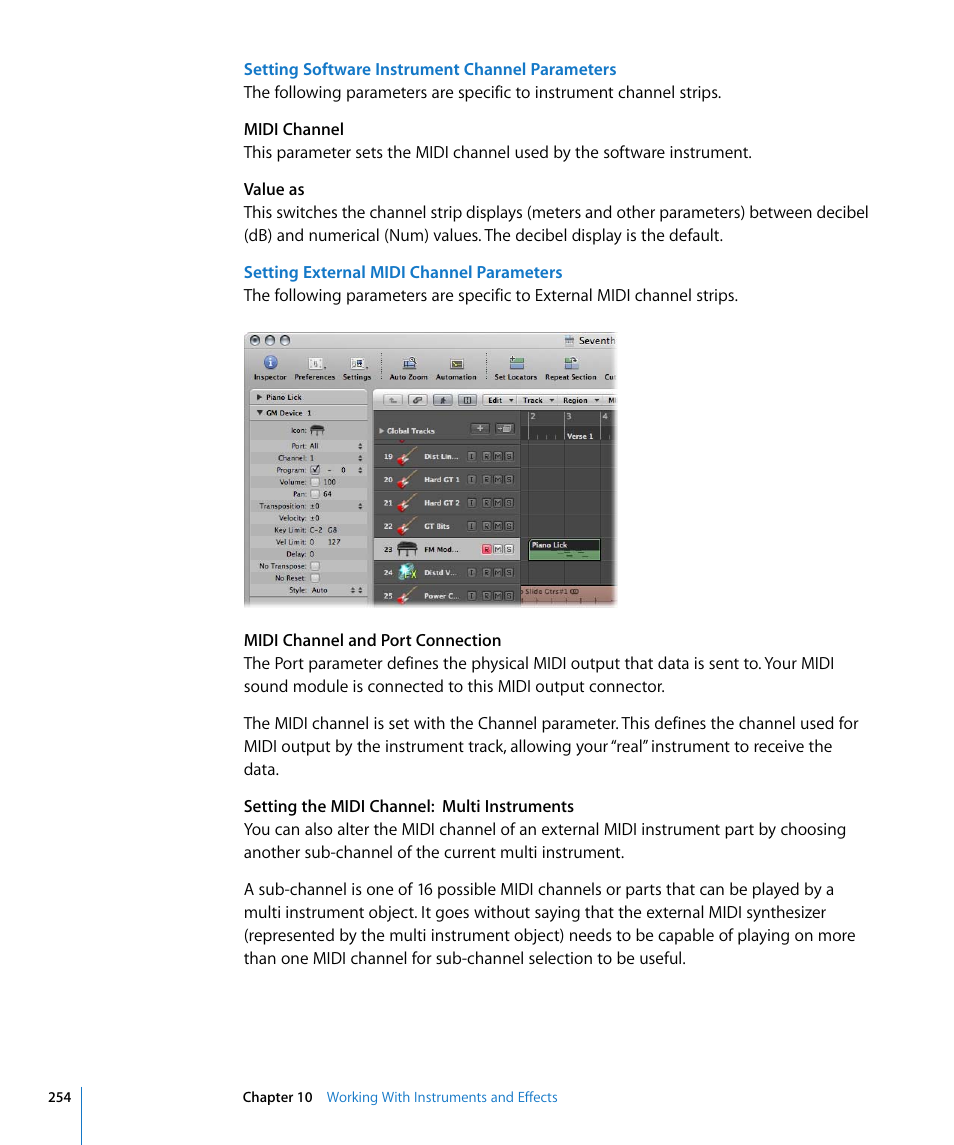 T and channel (see, Setting, External midi channel parameters | Apple Logic Express 8 User Manual | Page 254 / 1055