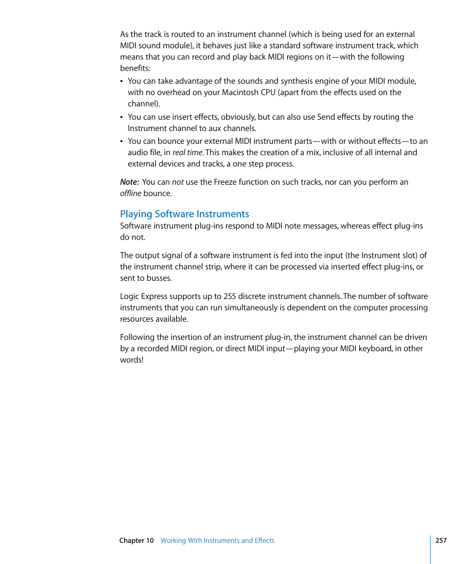 Playing software instruments | Apple Logic Express 8 User Manual | Page 257 / 1055