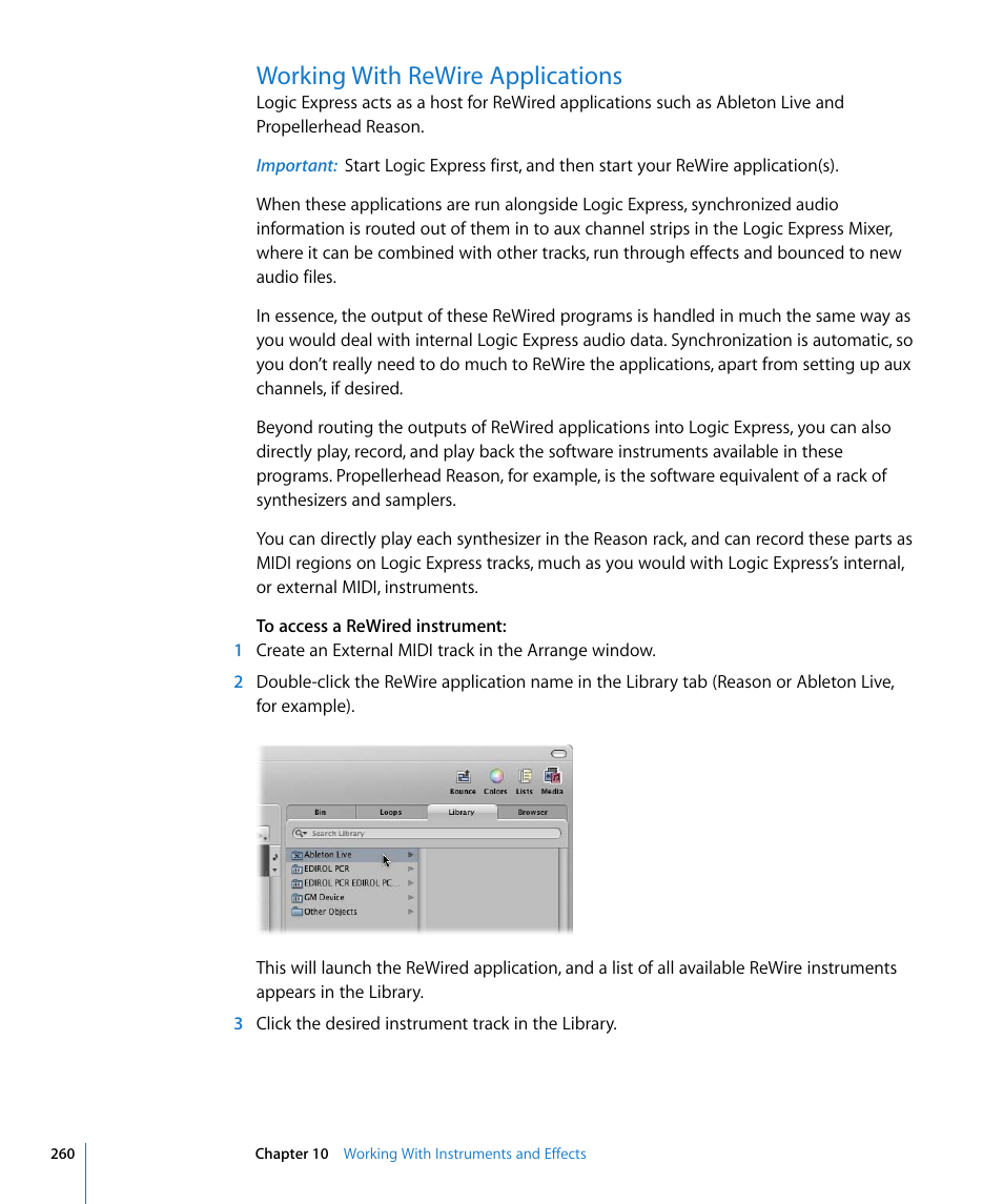 Working with rewire applications, Ed in | Apple Logic Express 8 User Manual | Page 260 / 1055