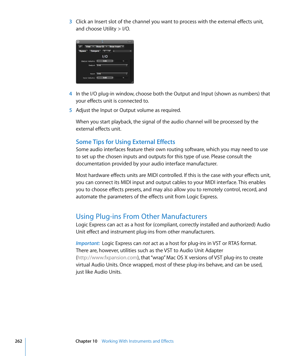 Some tips for using external effects, Using plug-ins from other manufacturers | Apple Logic Express 8 User Manual | Page 262 / 1055