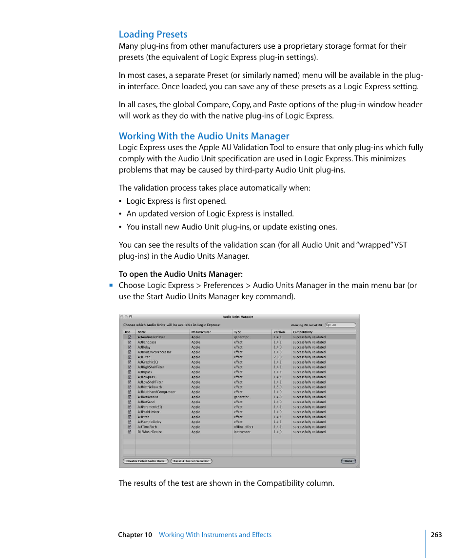 Loading presets, Working with the audio units manager | Apple Logic Express 8 User Manual | Page 263 / 1055