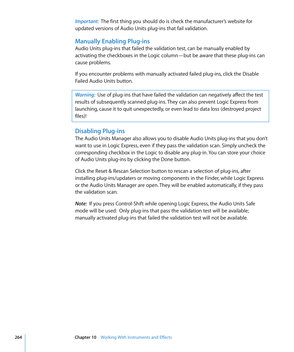 Manually enabling plug-ins, Disabling plug-ins | Apple Logic Express 8 User Manual | Page 264 / 1055