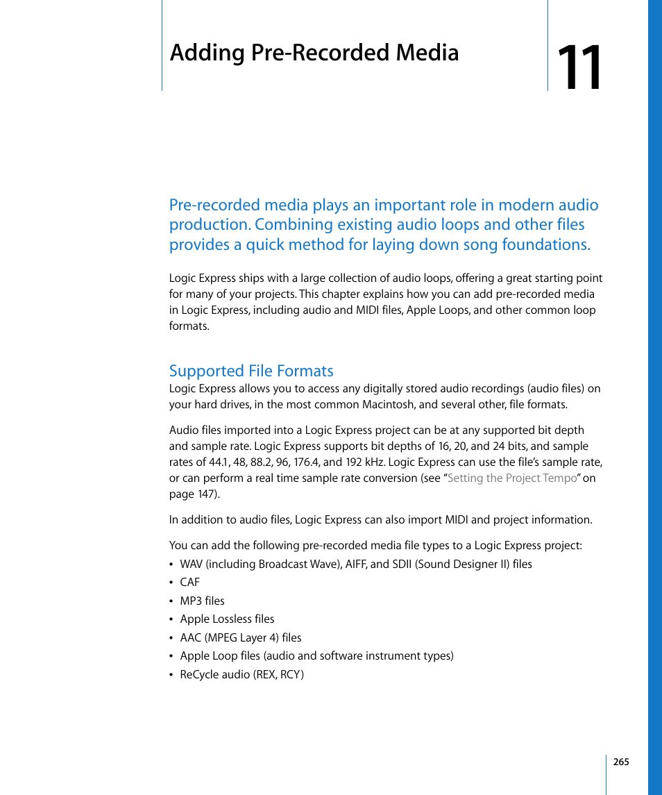 Adding pre-recorded media, Supported file formats, Chapter 11 | Apple Logic Express 8 User Manual | Page 265 / 1055