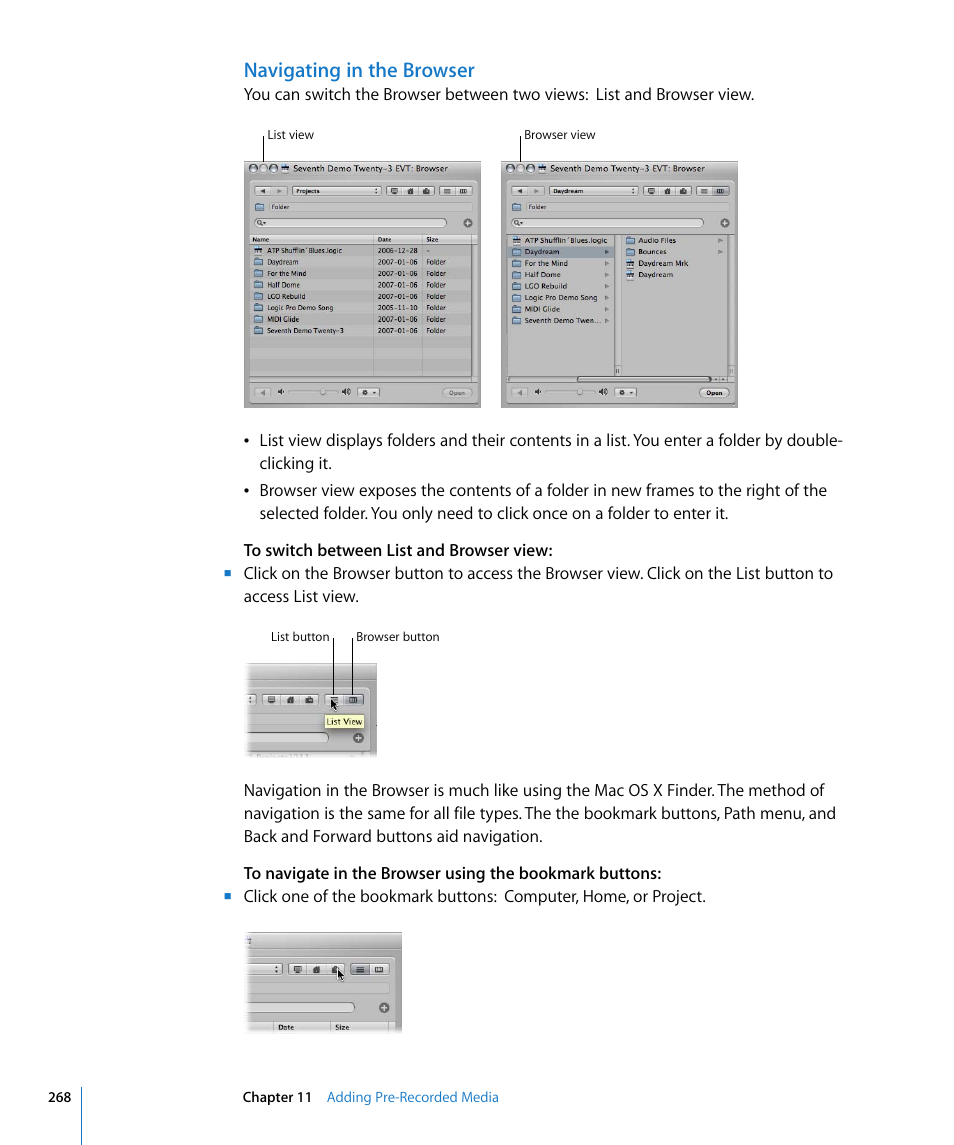 Navigating in the browser | Apple Logic Express 8 User Manual | Page 268 / 1055