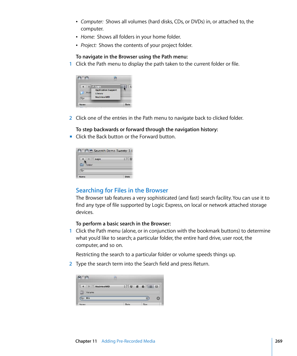 Searching for files in the browser | Apple Logic Express 8 User Manual | Page 269 / 1055