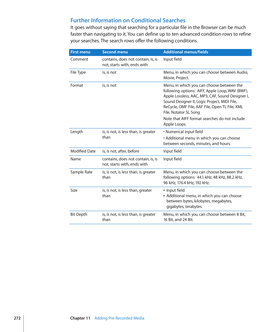 Further information on conditional searches | Apple Logic Express 8 User Manual | Page 272 / 1055