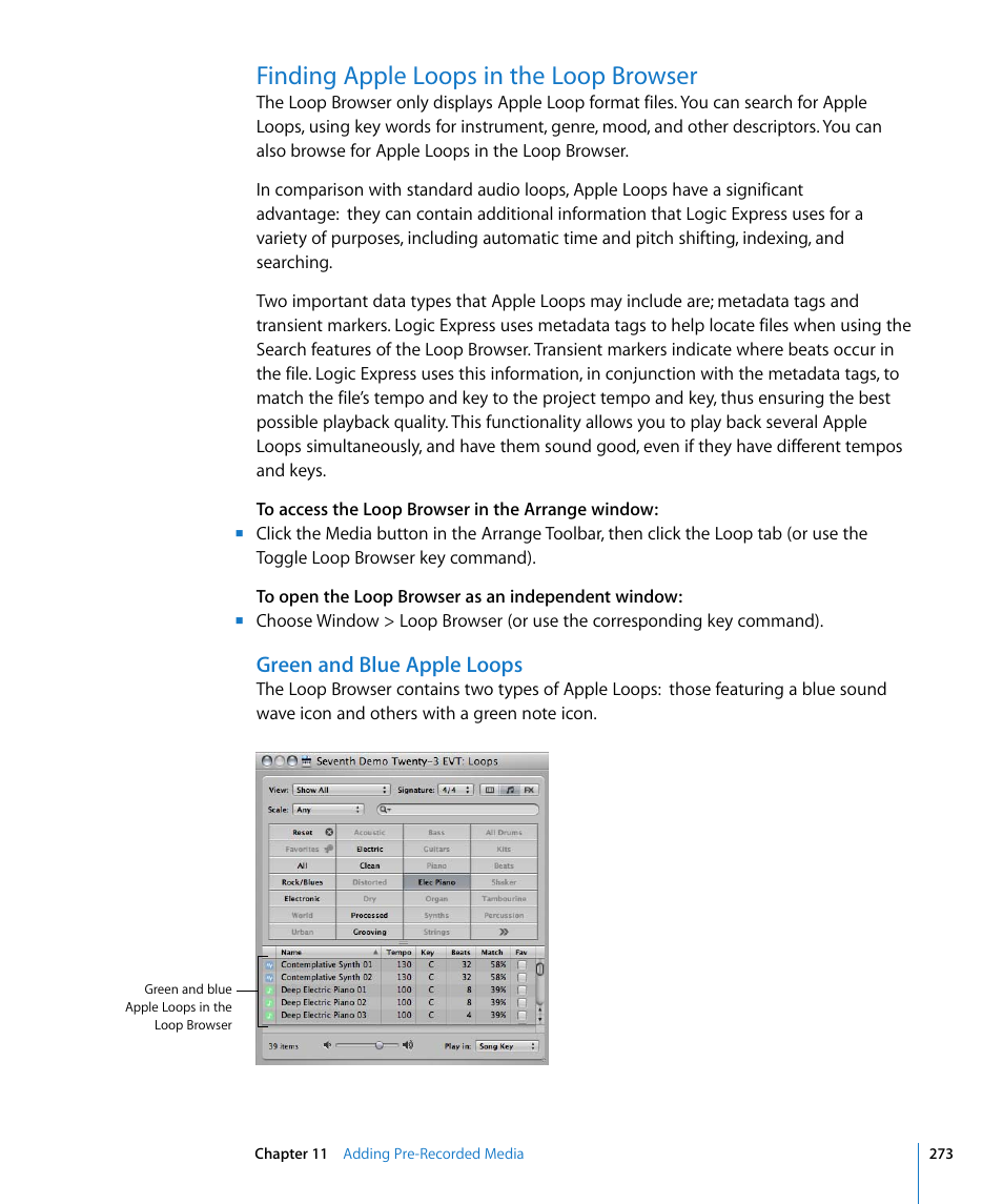 Finding apple loops in the loop browser, Green and blue apple loops, Ed in | Finding apple loops in the, Loop browser | Apple Logic Express 8 User Manual | Page 273 / 1055
