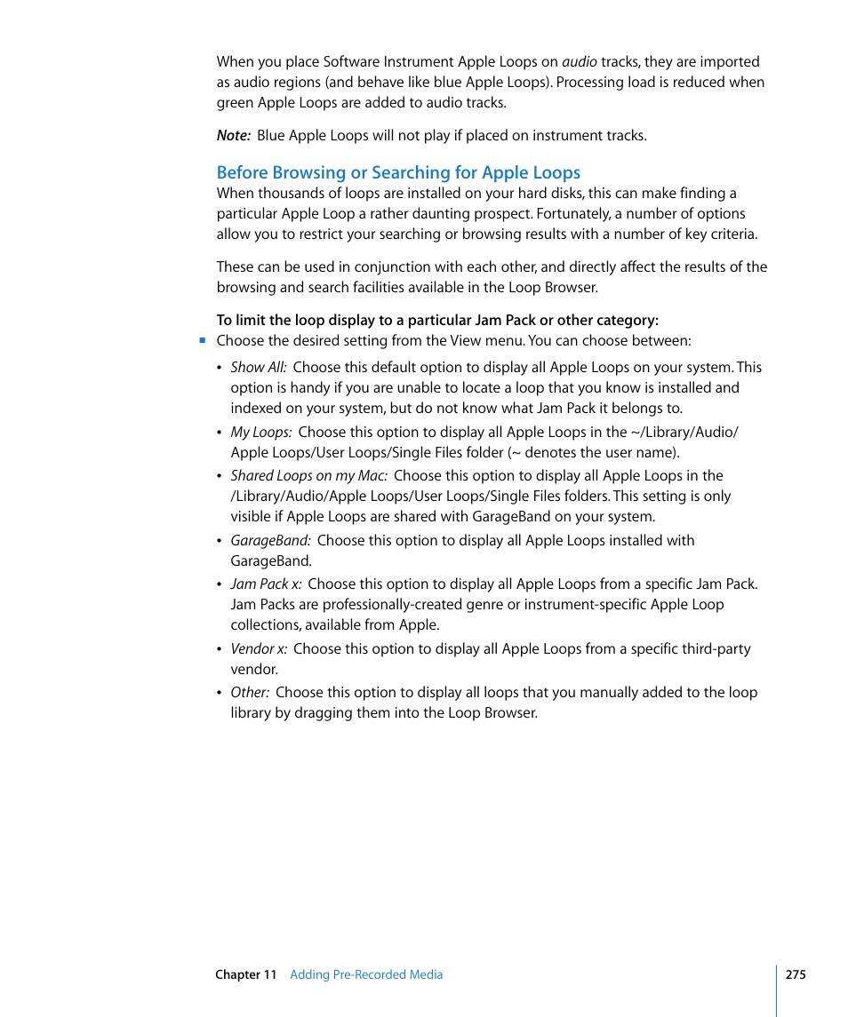 Before browsing or searching for apple loops | Apple Logic Express 8 User Manual | Page 275 / 1055