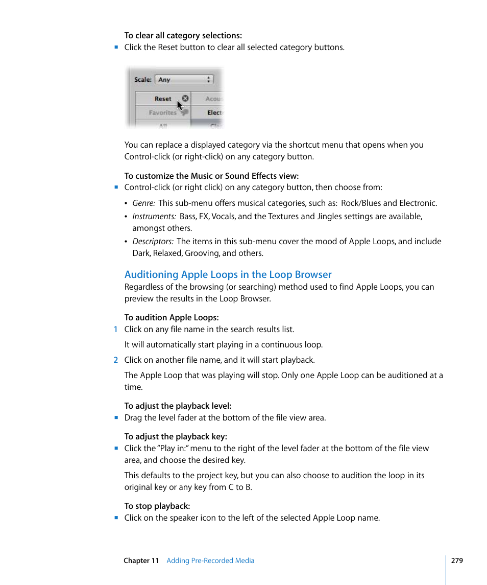 Auditioning apple loops in the loop browser | Apple Logic Express 8 User Manual | Page 279 / 1055