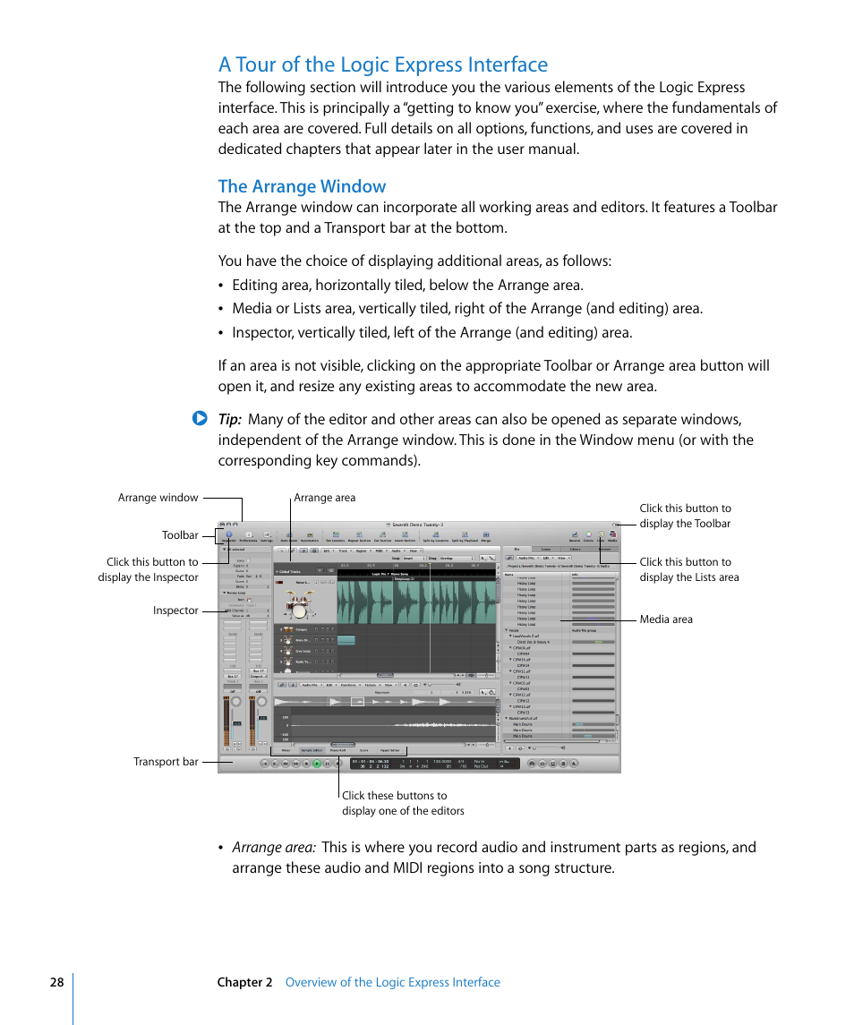 A tour of the logic express interface, The arrange window | Apple Logic Express 8 User Manual | Page 28 / 1055