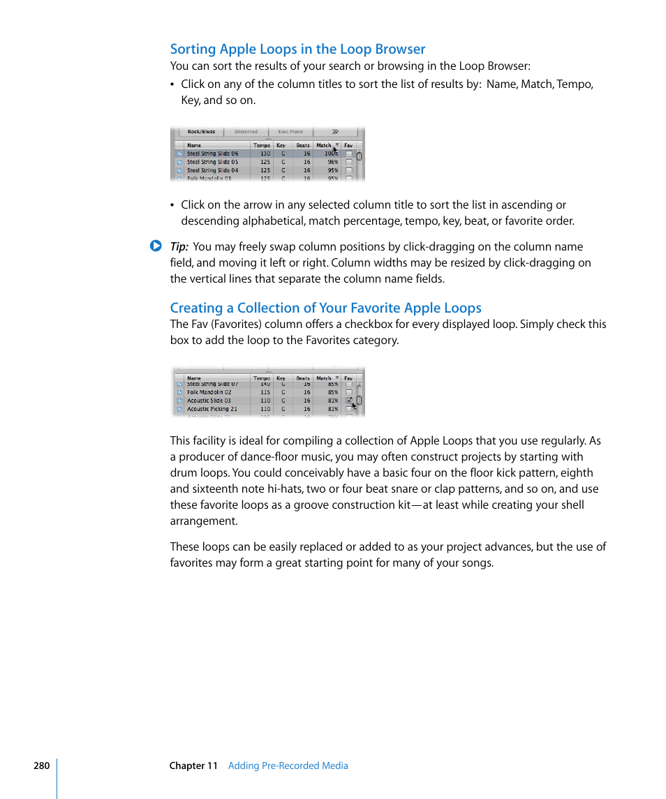 Sorting apple loops in the loop browser, Creating a collection of your favorite apple loops | Apple Logic Express 8 User Manual | Page 280 / 1055