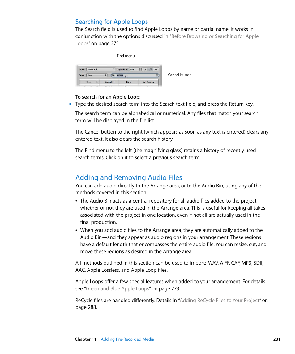 Searching for apple loops, Adding and removing audio files | Apple Logic Express 8 User Manual | Page 281 / 1055