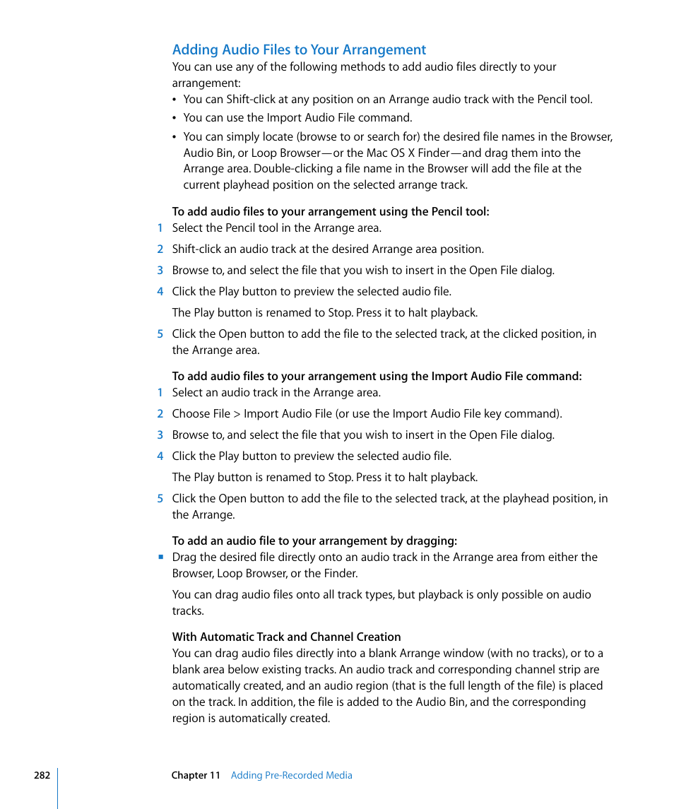 Adding audio files to your arrangement | Apple Logic Express 8 User Manual | Page 282 / 1055