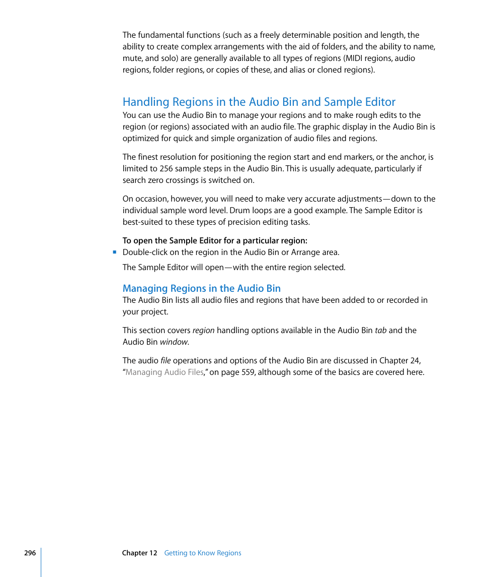 Managing regions in the audio bin | Apple Logic Express 8 User Manual | Page 296 / 1055