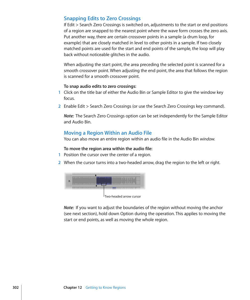 Snapping edits to zero crossings, Moving a region within an audio file | Apple Logic Express 8 User Manual | Page 302 / 1055