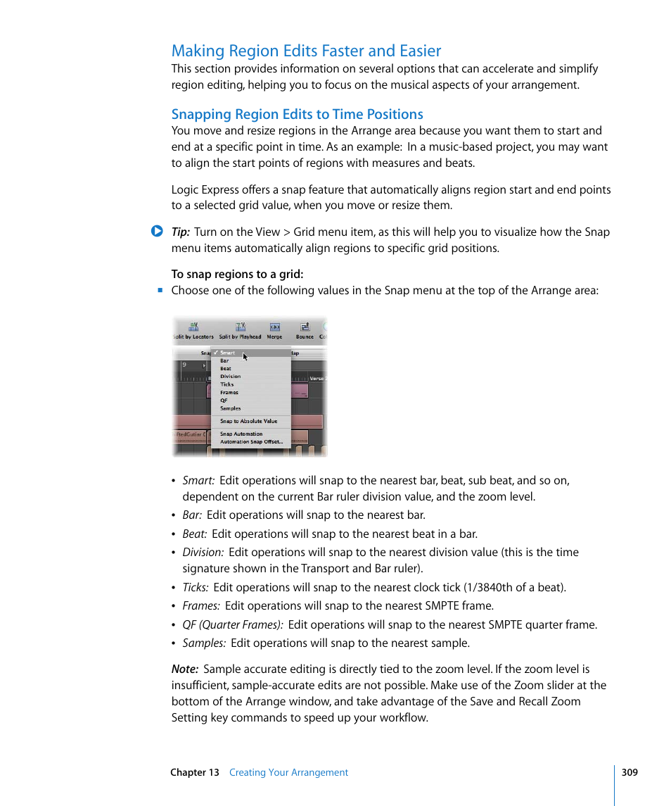 Making region edits faster and easier, Snapping region edits to time positions | Apple Logic Express 8 User Manual | Page 309 / 1055
