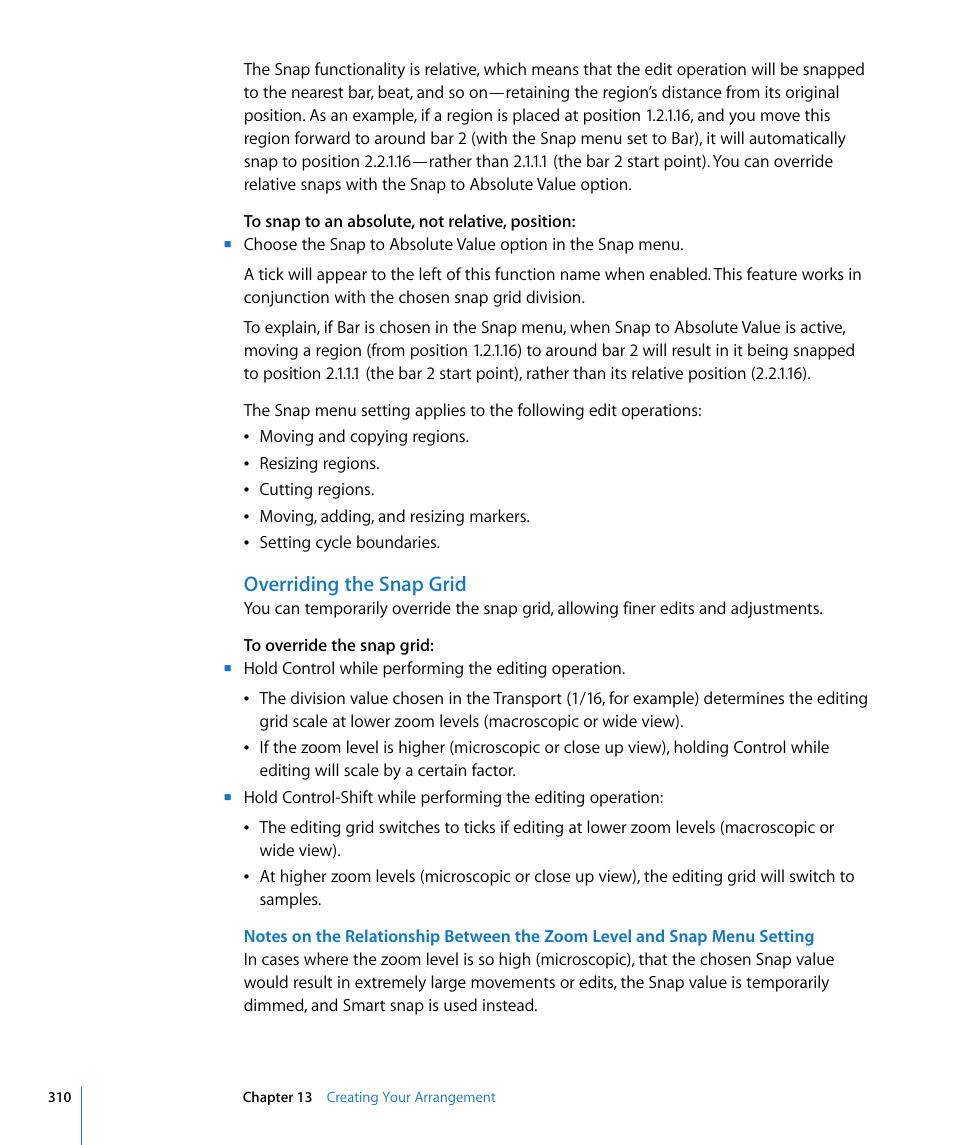 Overriding the snap grid | Apple Logic Express 8 User Manual | Page 310 / 1055