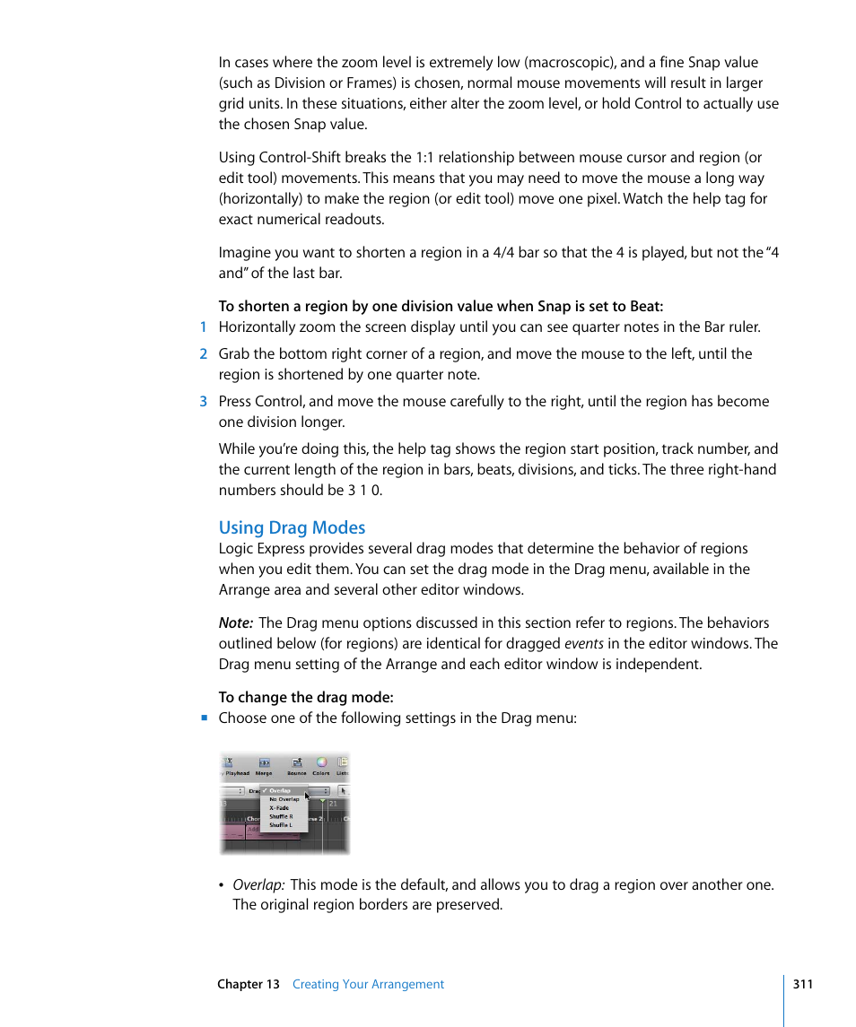 Using drag modes | Apple Logic Express 8 User Manual | Page 311 / 1055