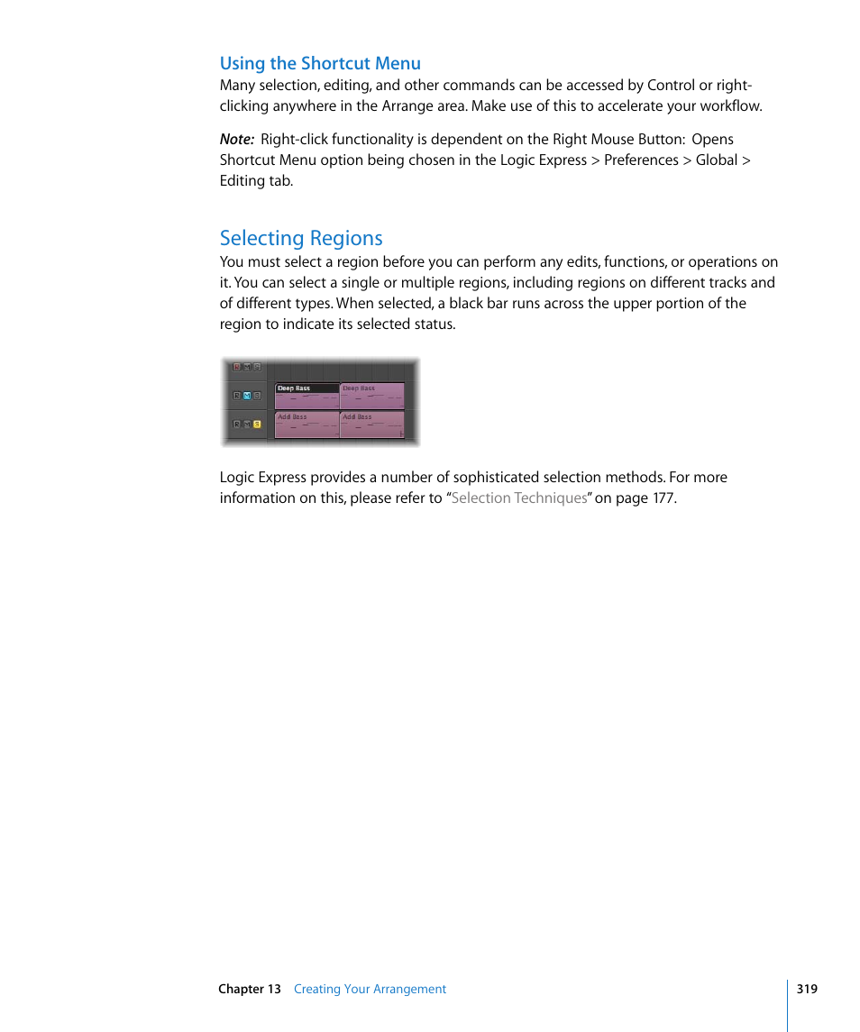 Using the shortcut menu, Selecting regions | Apple Logic Express 8 User Manual | Page 319 / 1055
