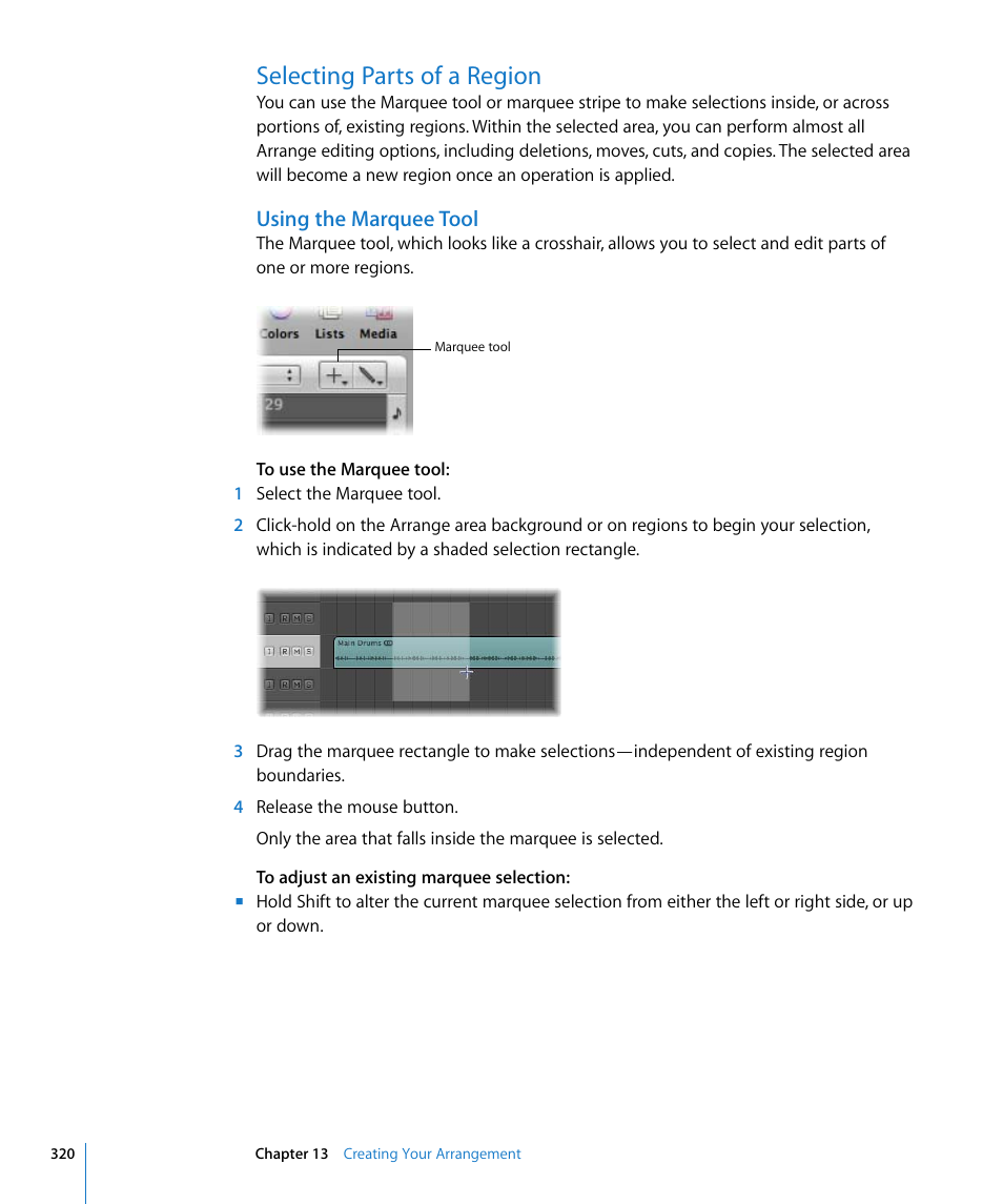 Selecting parts of a region, Using the marquee tool | Apple Logic Express 8 User Manual | Page 320 / 1055
