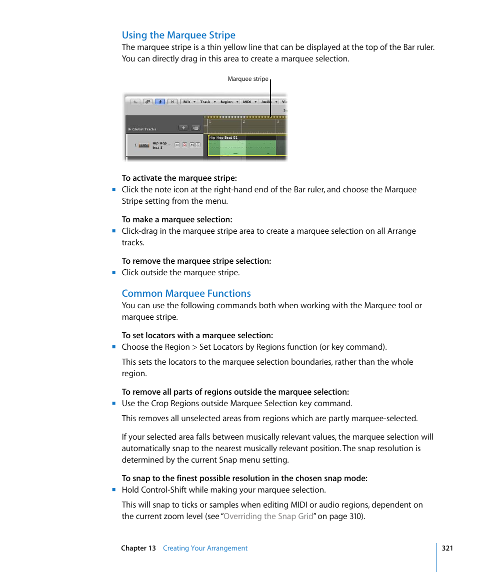 Using the marquee stripe, Common marquee functions | Apple Logic Express 8 User Manual | Page 321 / 1055