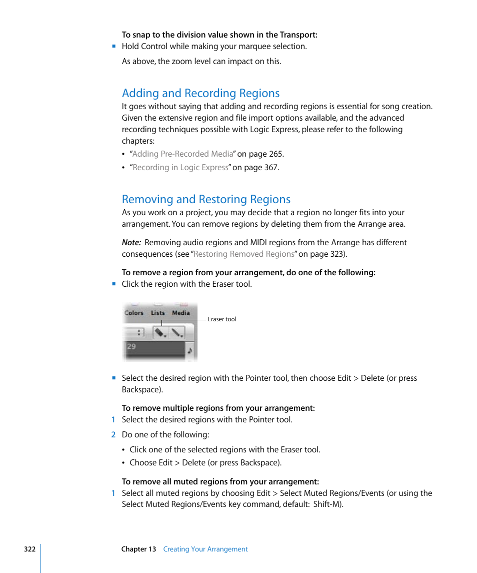 Adding and recording regions, Removing and restoring regions | Apple Logic Express 8 User Manual | Page 322 / 1055