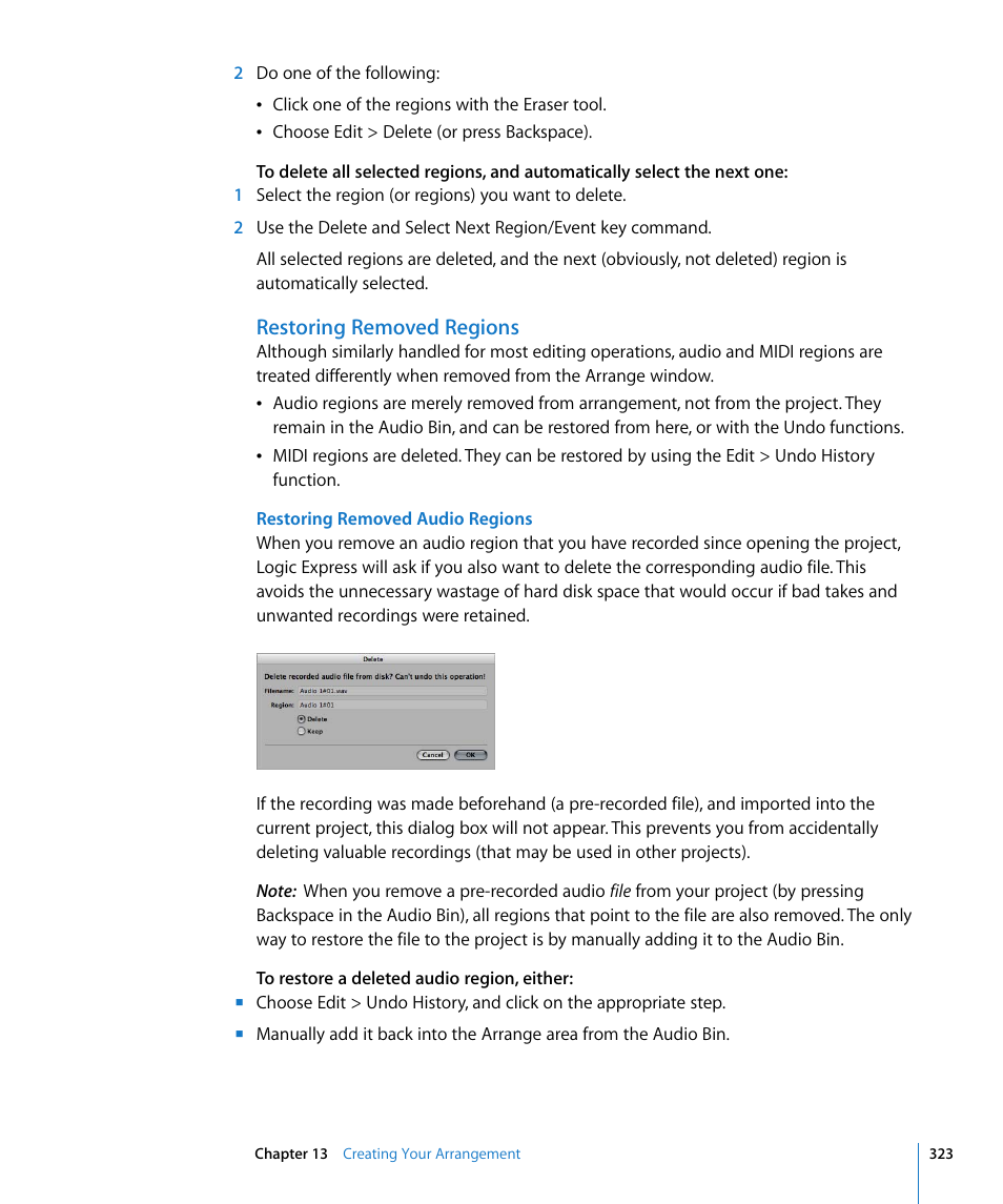 Restoring removed regions, S (see | Apple Logic Express 8 User Manual | Page 323 / 1055