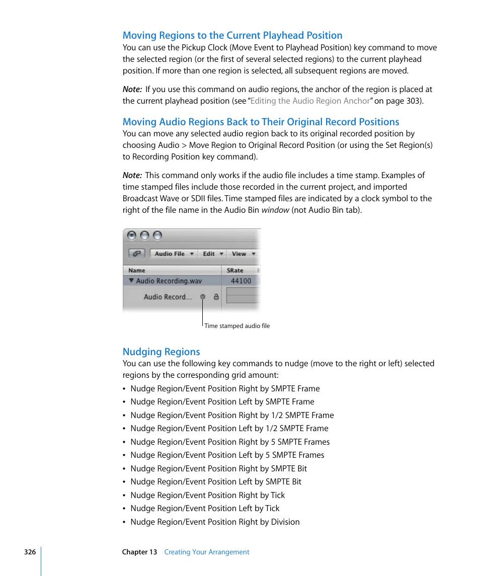 Moving regions to the current playhead position, Nudging regions | Apple Logic Express 8 User Manual | Page 326 / 1055