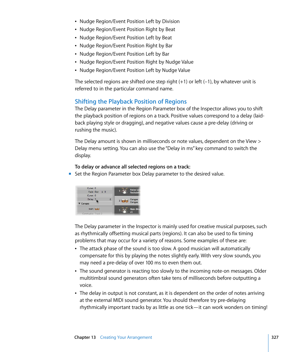 Shifting the playback position of regions | Apple Logic Express 8 User Manual | Page 327 / 1055