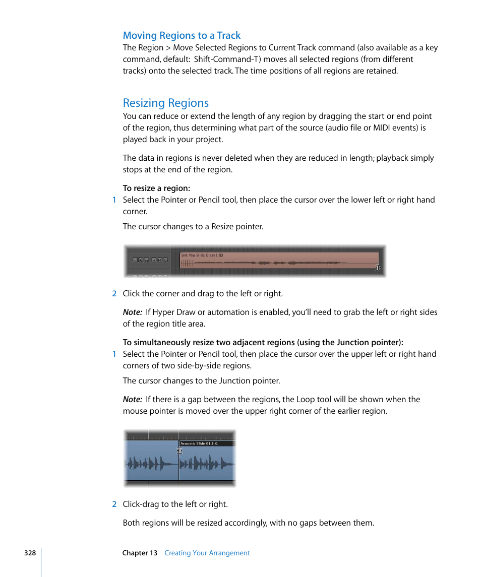 Moving regions to a track, Resizing regions | Apple Logic Express 8 User Manual | Page 328 / 1055