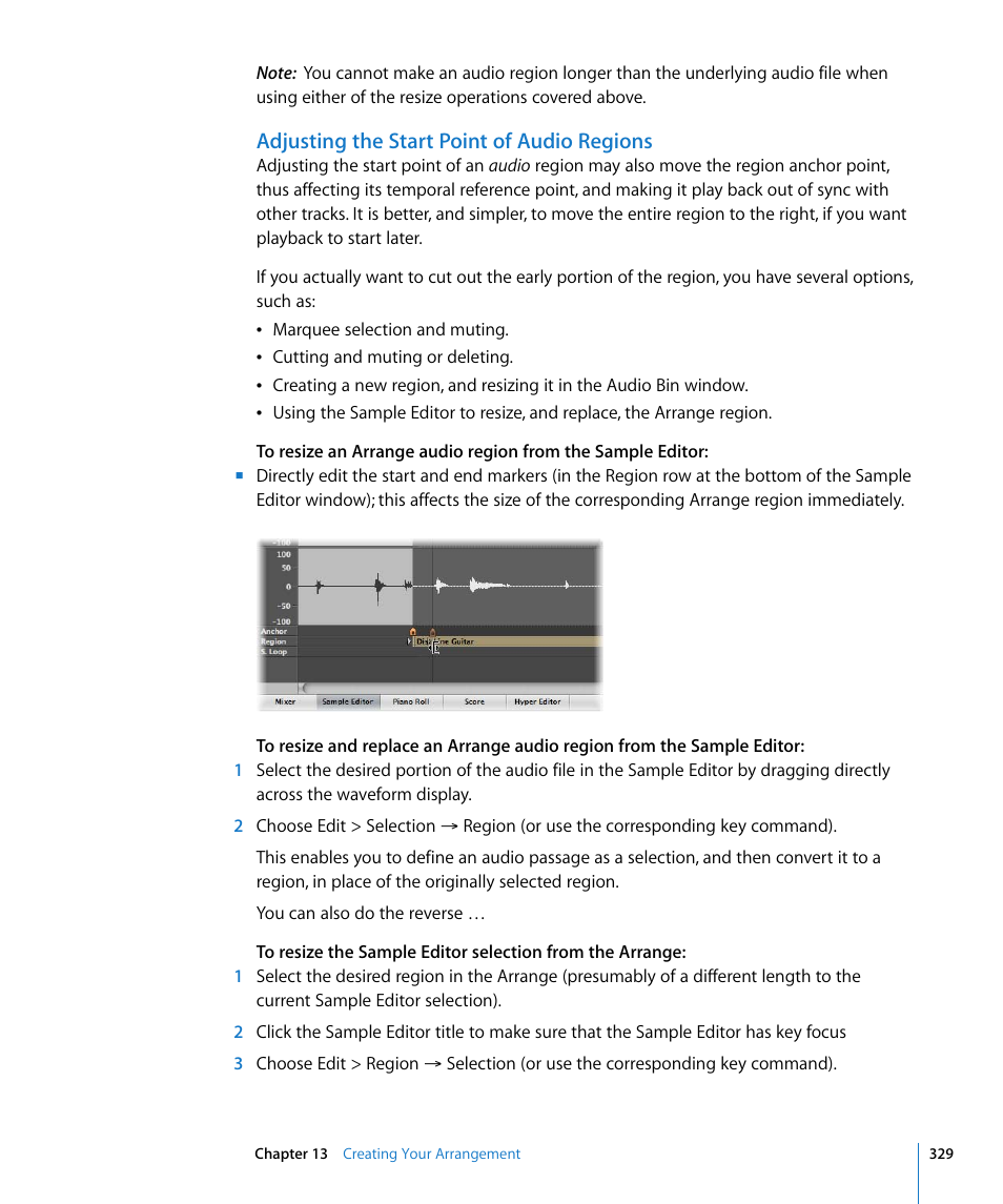 Adjusting the start point of audio regions | Apple Logic Express 8 User Manual | Page 329 / 1055