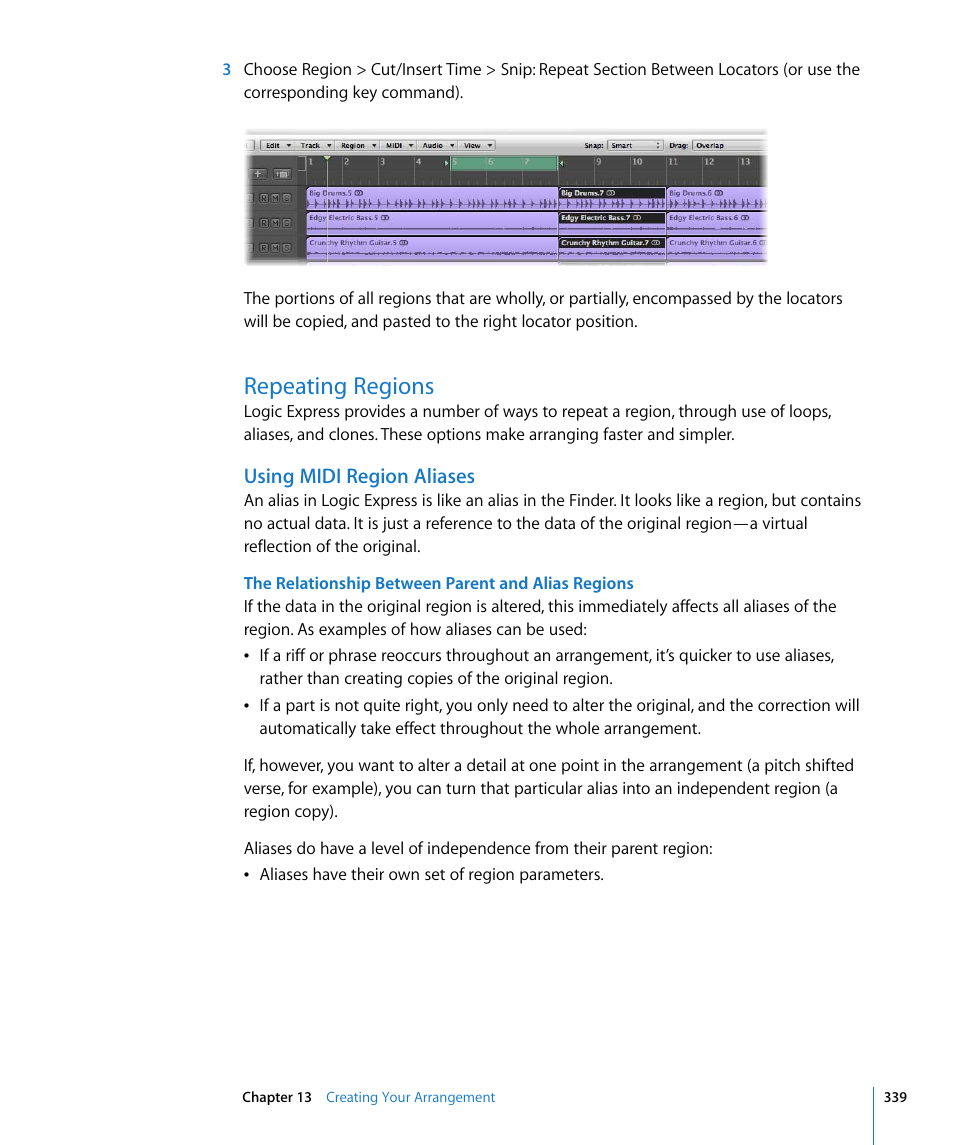 Repeating regions, Using midi region aliases, Egions (see | Apple Logic Express 8 User Manual | Page 339 / 1055