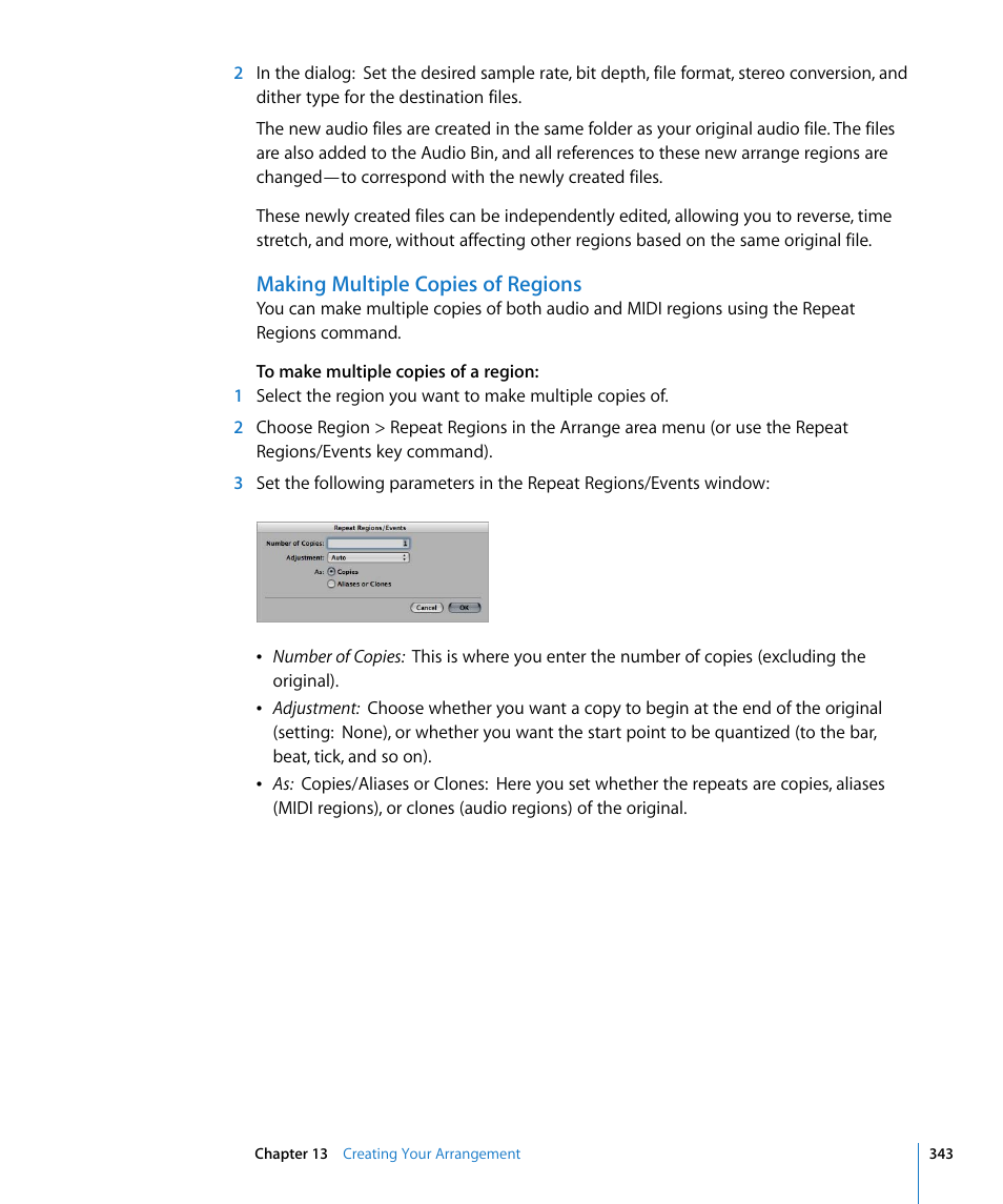 Making multiple copies of regions, Ommand (see, Making multiple copies of | Regions | Apple Logic Express 8 User Manual | Page 343 / 1055