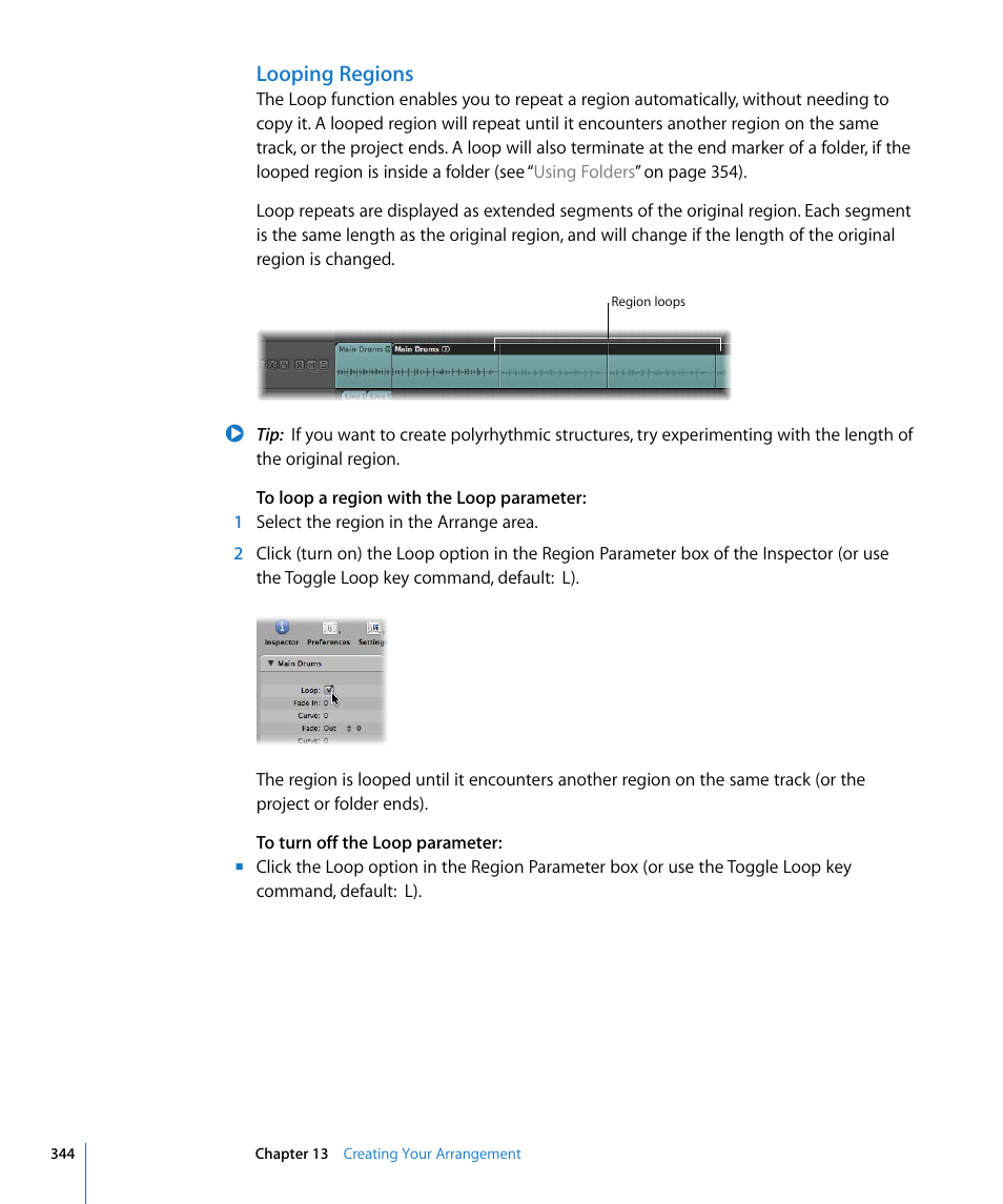 Looping regions, Tion (see | Apple Logic Express 8 User Manual | Page 344 / 1055