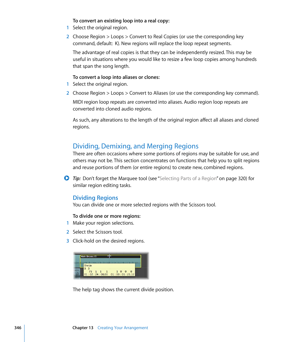 Dividing, demixing, and merging regions, Dividing regions | Apple Logic Express 8 User Manual | Page 346 / 1055