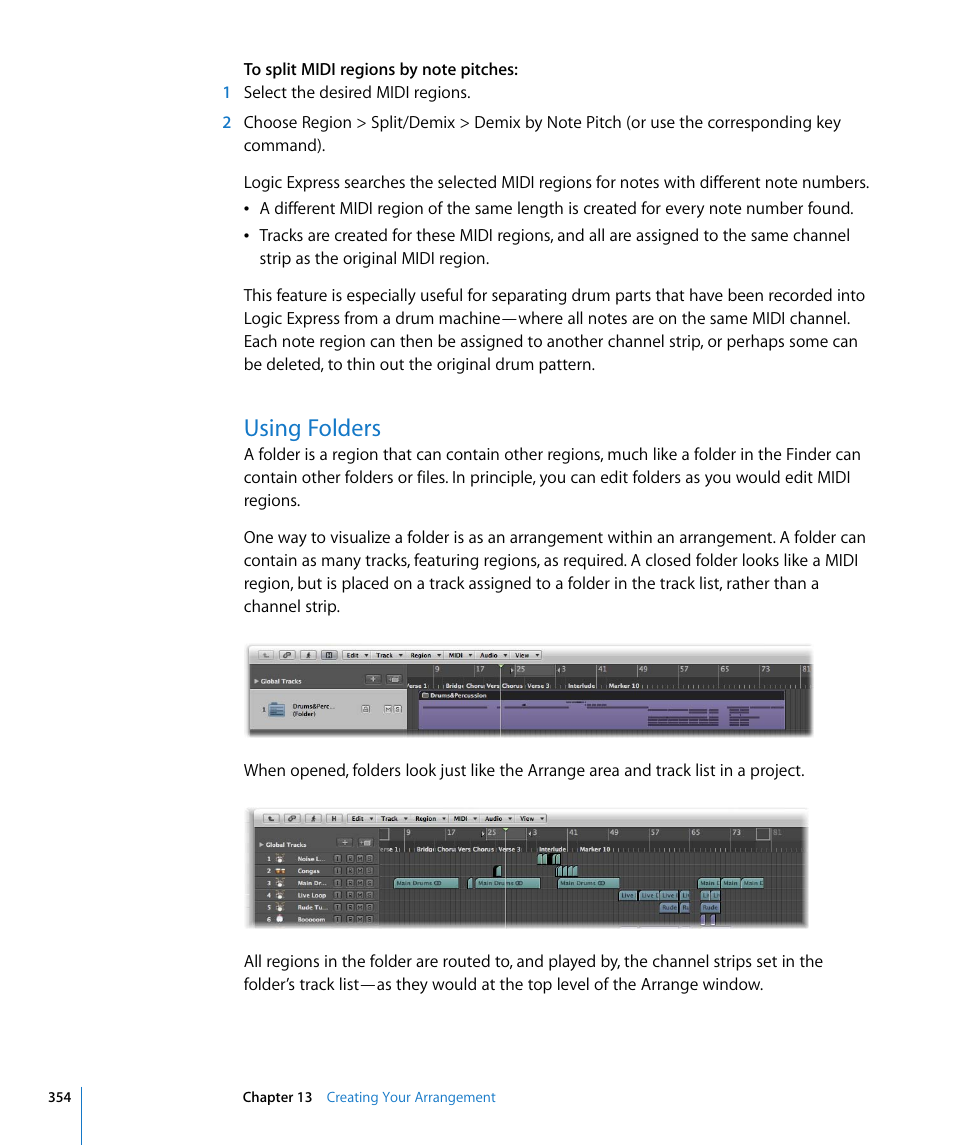 Using folders | Apple Logic Express 8 User Manual | Page 354 / 1055