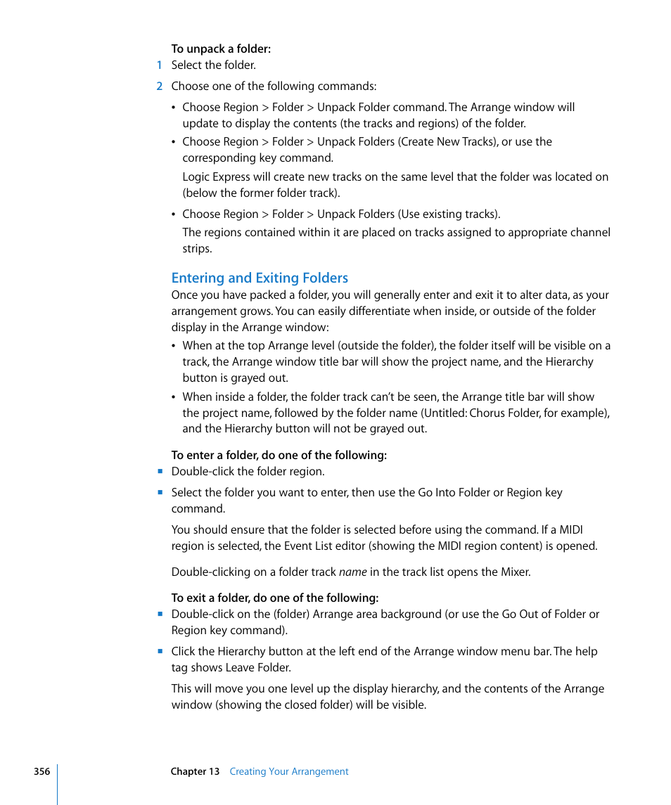 Entering and exiting folders | Apple Logic Express 8 User Manual | Page 356 / 1055