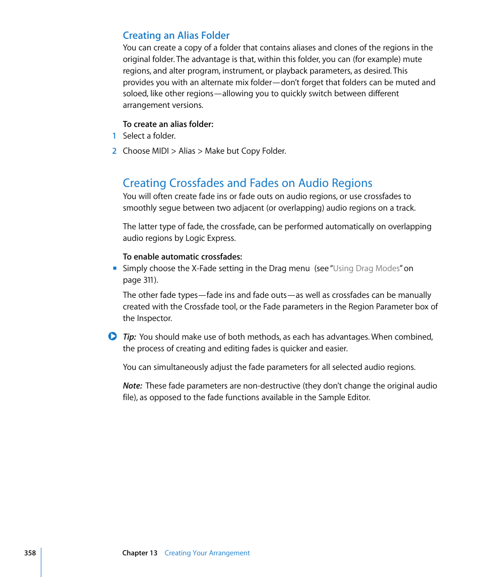 Creating an alias folder, Creating crossfades and fades on audio regions | Apple Logic Express 8 User Manual | Page 358 / 1055