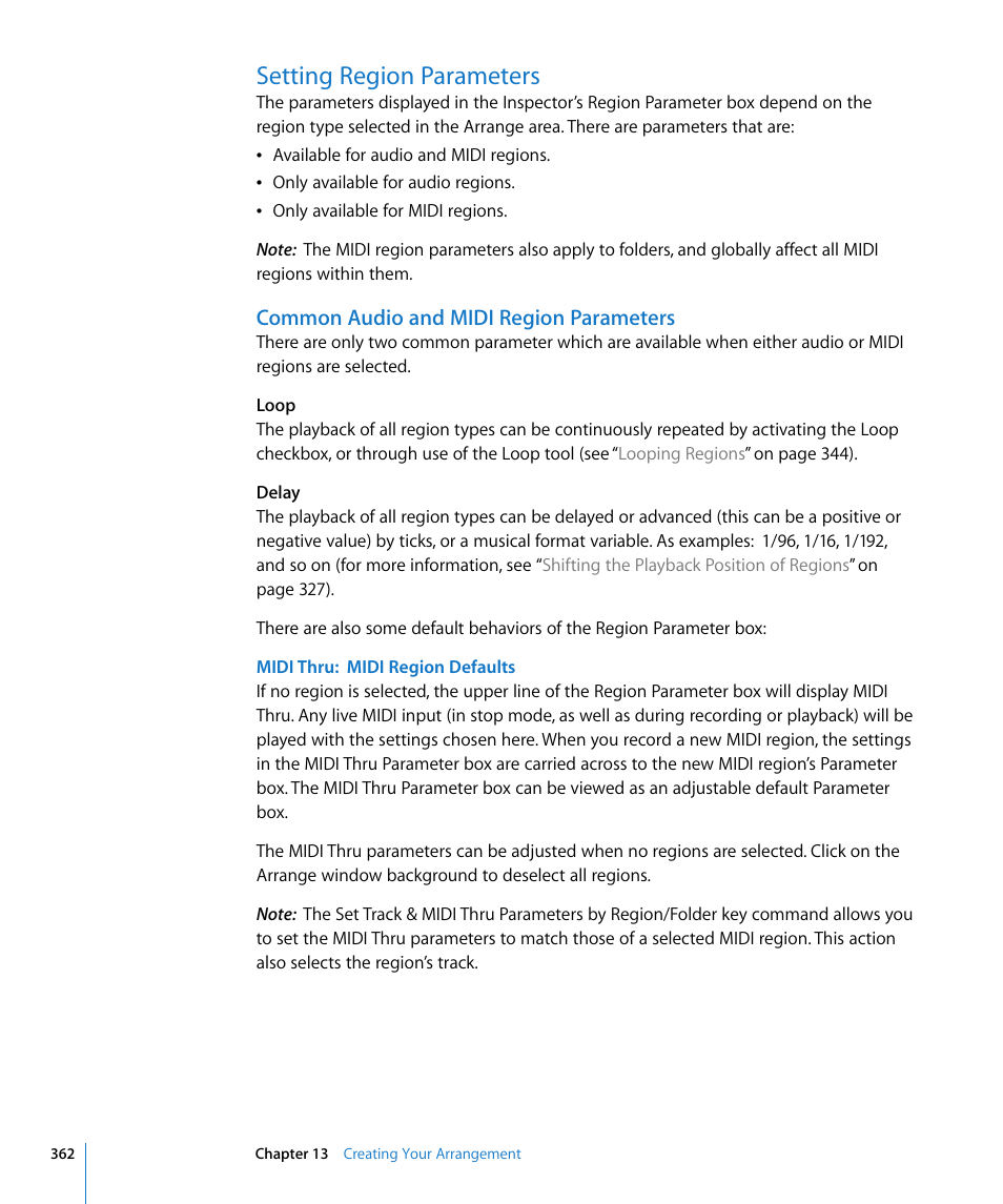 Setting region parameters, Common audio and midi region parameters | Apple Logic Express 8 User Manual | Page 362 / 1055